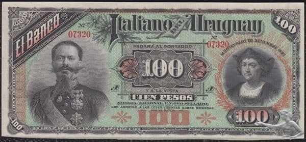 Uruguay 100 Pesos 1887 El Banco Italiano UNZ